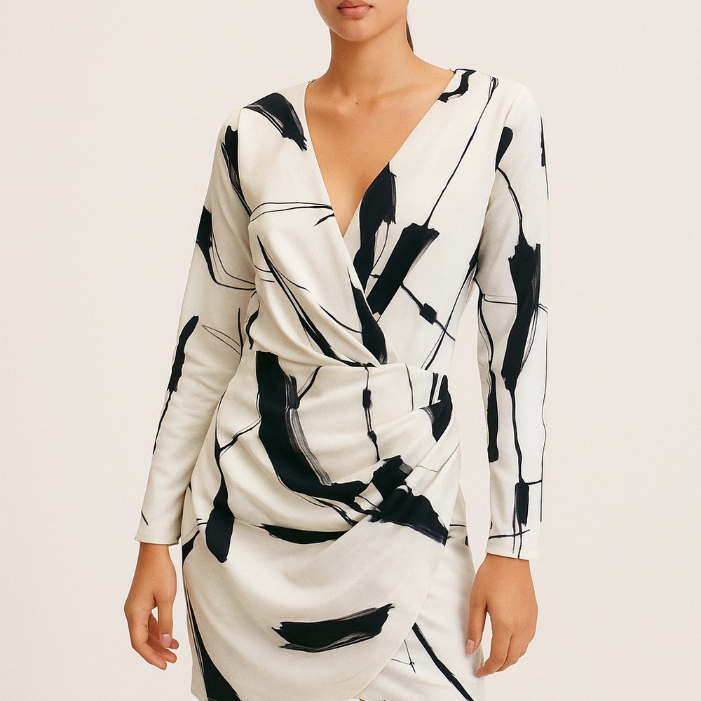 Zara Black and White Abstract Long Sleeve Dress